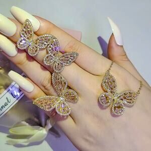 Gold Plated Butterfly Matching Choker, Earrings, Ring Pink Zircon Set